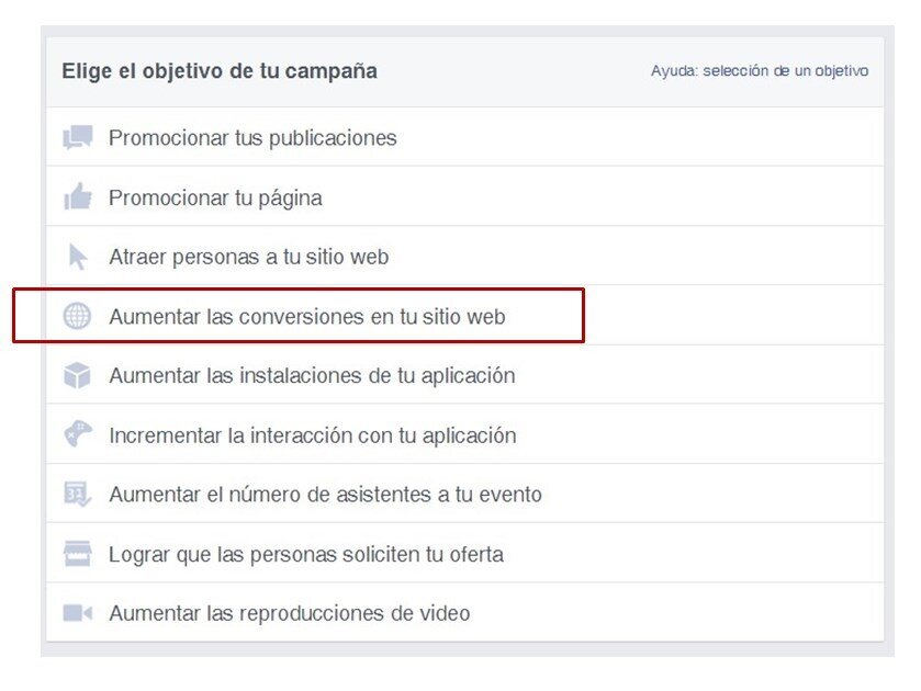 Objetivos conversiones Facebook Ads