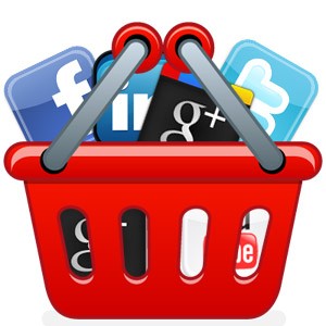 Icono de un carrito de compra con iconos de redes sociales dentro